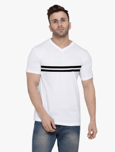 cotton high density Striped Men V Neck White T-Shirt