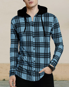 EyeBogler Striped Men Hooded Neck Light Blue, Black T-Shirt