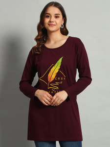 AD FASHION Printed Women Round Neck Maroon T-Shirt