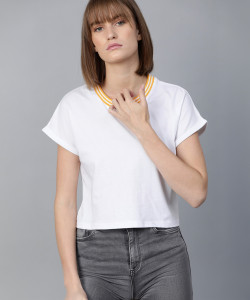 Roadster Solid Women Round Neck White T-Shirt