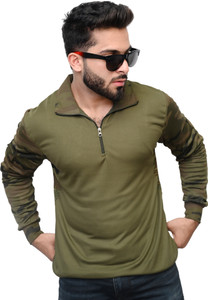 AZYXREN Self Design Men Zip Neck Dark Green T-Shirt