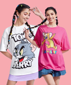 TOM AND JERRY by DreamBe Printed Women Round Neck Pink, White T-Shirt