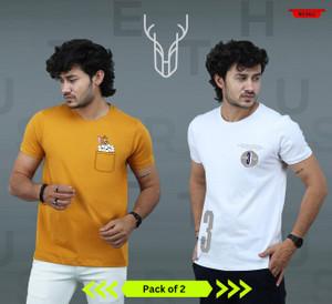 t-hustler Printed Men Round Neck White, Yellow T-Shirt