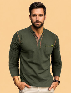 Reya Solid Men Mandarin Collar Dark Green T-Shirt