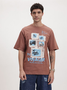 Roadster Printed Men Round Neck Brown T-Shirt