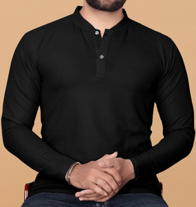 KAJARU Solid Men Mandarin Collar Black T-Shirt
