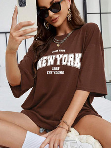 TWOCRAZIIE Printed, Typography Women Round Neck Brown T-Shirt