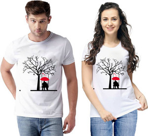 vfesta Graphic Print Couple Round Neck White T-Shirt