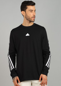 ADIDAS Striped Men Round Neck Black T-Shirt