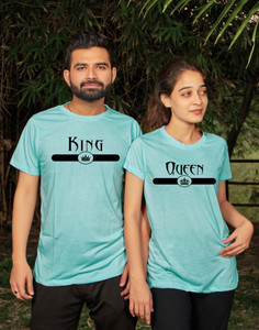 JH MART Printed Couple Round Neck Light Blue T-Shirt