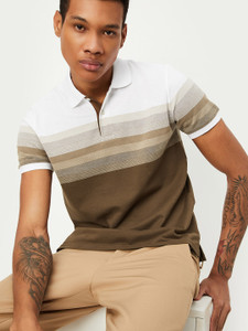 MAX Striped Men Polo Neck Beige T-Shirt