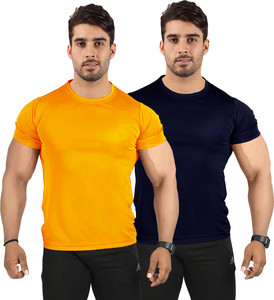 UDI n ADI Solid Men Round Neck Dark Blue, Yellow T-Shirt