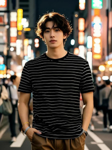 Smart Colors Striped Men Round Neck Black T-Shirt