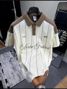 WOMENPRIDE Striped Polo Neck Brown T-Shirt - Image 3