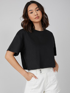 KOTTY Solid Women Round Neck Black T-Shirt