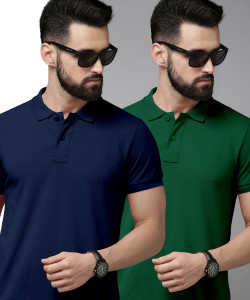 METRONAUT Solid Men Polo Neck Navy Blue, Dark Green T-Shirt