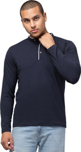 Treasurelook Solid Men Mandarin Collar Navy Blue T-Shirt