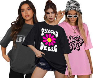 London Hills Printed Women Round Neck Grey, Black, Pink T-Shirt