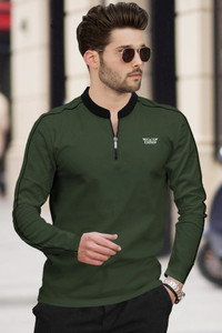 TRIPR Solid Men Mandarin Collar Dark Green, Black T-Shirt