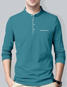 Oosh Solid Men Mandarin Collar Dark Blue T-Shirt