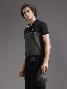 WROGN Colorblock Men Polo Neck Black T-Shirt