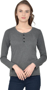 GEUM Solid Women Henley Neck Grey T-Shirt