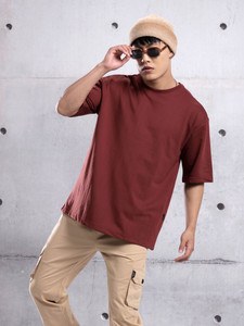 BEYOUNG Solid Men Round Neck Brown T-Shirt