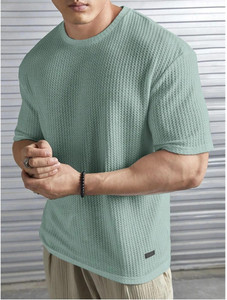 TAZO Solid Men Round Neck Light Green T-Shirt