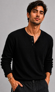 JERKYN Men Black Cotton Blend Henley Neck T-Shirt - Image 1