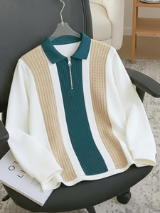 AUSK Beige, White Striped Men Polo Neck T-Shirt - Image 5