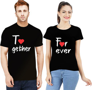 Uniplanet Store Printed Couple Round Neck Black T-Shirt