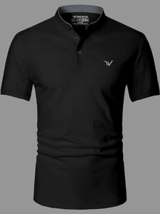 Growwax Solid Men Mandarin Collar Black T-Shirt