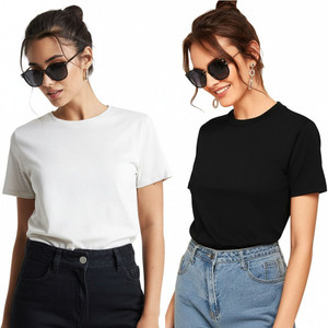 LIVAX COTTY Solid Women Round Neck White, Black T-Shirt