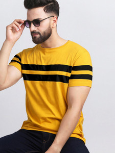 AUSK Striped Men Round Neck Black, Yellow T-Shirt