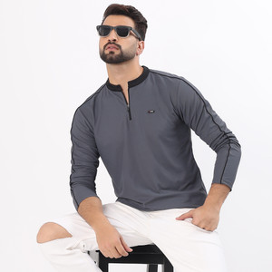 CDX by carrydreams Solid Men Mandarin Collar Grey T-Shirt