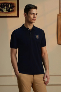 PETER ENGLAND Solid Men Polo Neck Dark Blue T-Shirt