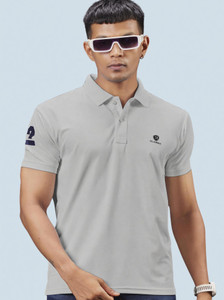 3BROS Solid Men Polo Neck Grey T-Shirt
