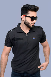 AZYXREN Solid Men Zip Neck Black T-Shirt
