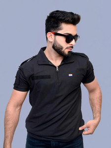 AZYXREN Solid Men Zip Neck Black T-Shirt