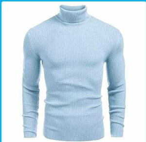 CRYSTALREVENUE Striped Men High Neck Light Blue T-Shirt