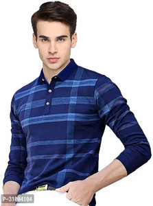 Lamate Striped Men Mandarin Collar Blue T-Shirt
