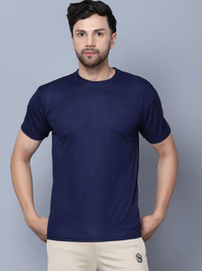 Garmin Solid Men Round Neck Navy Blue T-Shirt