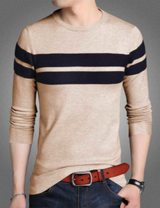 Try This Striped Men Round Neck Black, Beige T-Shirt