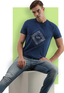 LEE Printed, Typography Men Round Neck Blue T-Shirt