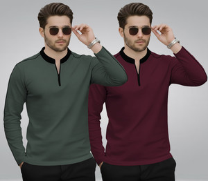 KEESOR Solid Men Zip Neck Dark Green, Maroon T-Shirt