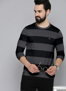 Triptee Striped Men Round Neck Black, Grey T-Shirt