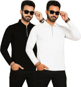 HELMONT Solid Men Zip Neck Black, White T-Shirt