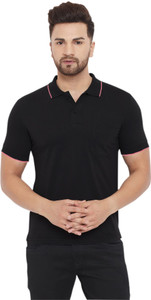 M TEX Solid Men Polo Neck Black T-Shirt