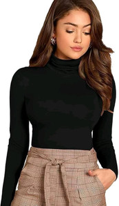 TUSI Solid Women High Neck Black T-Shirt