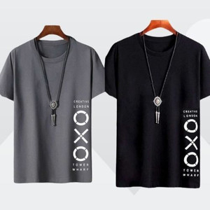 एक्सिट्यूड पुरुषों के लिए गोल गला प्रिंटेड काला, ग्रे टी-शर्ट